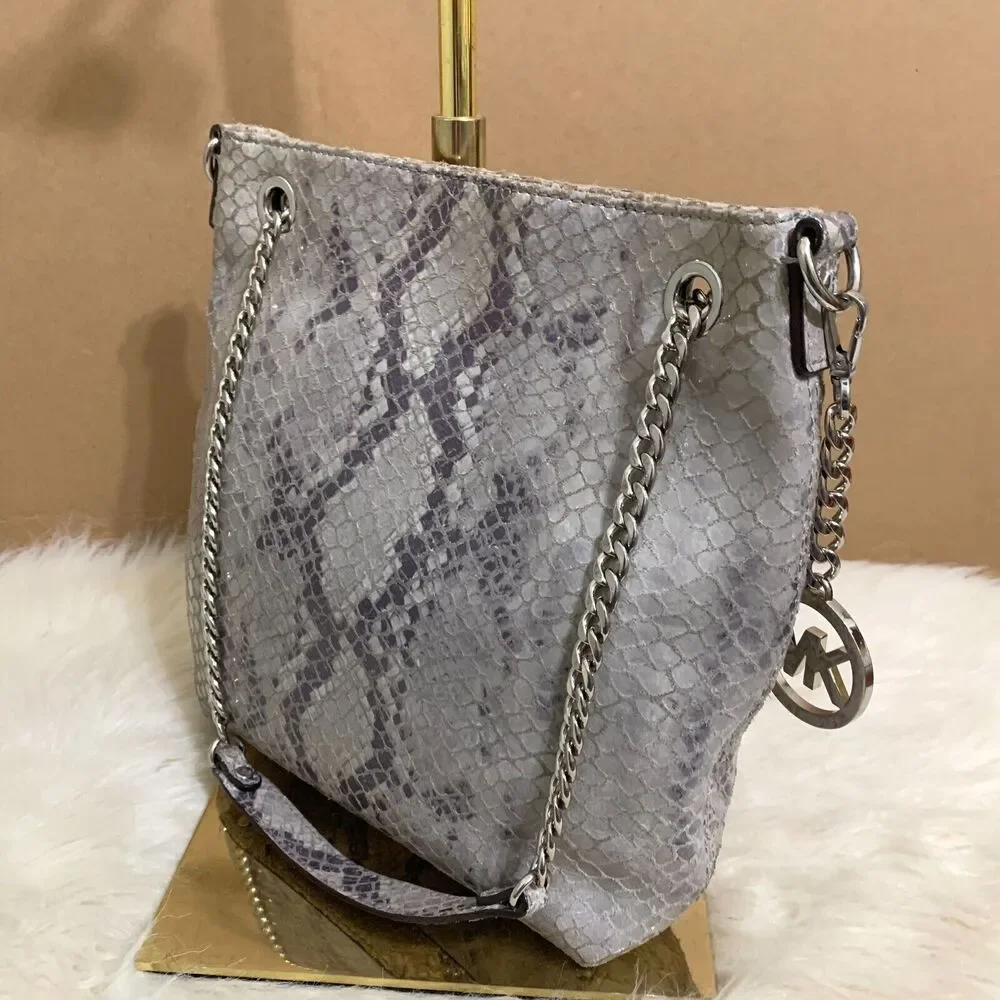 MICHAEL KORS JET SET Gray Python Leather North South Convertible Chain Hobo